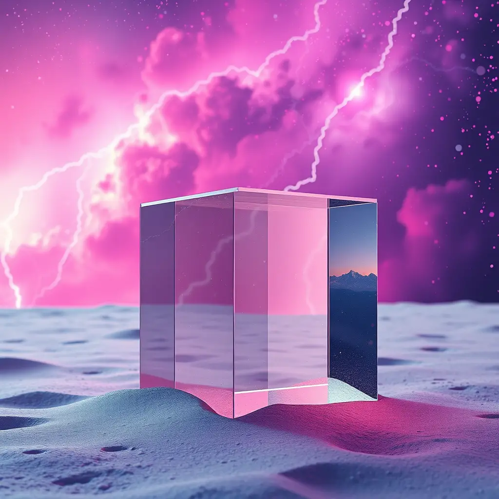 Crystal glass cube in a cosmic futuristic landscape