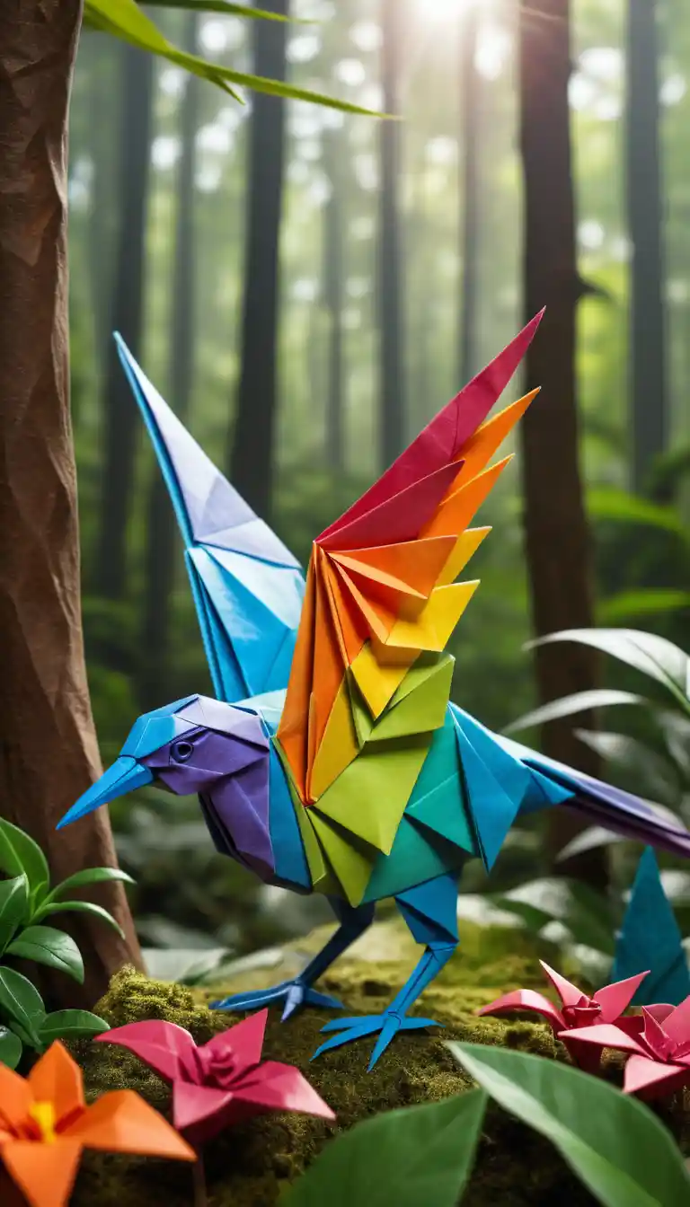 Colorful origami bird in a fantasy paper forest