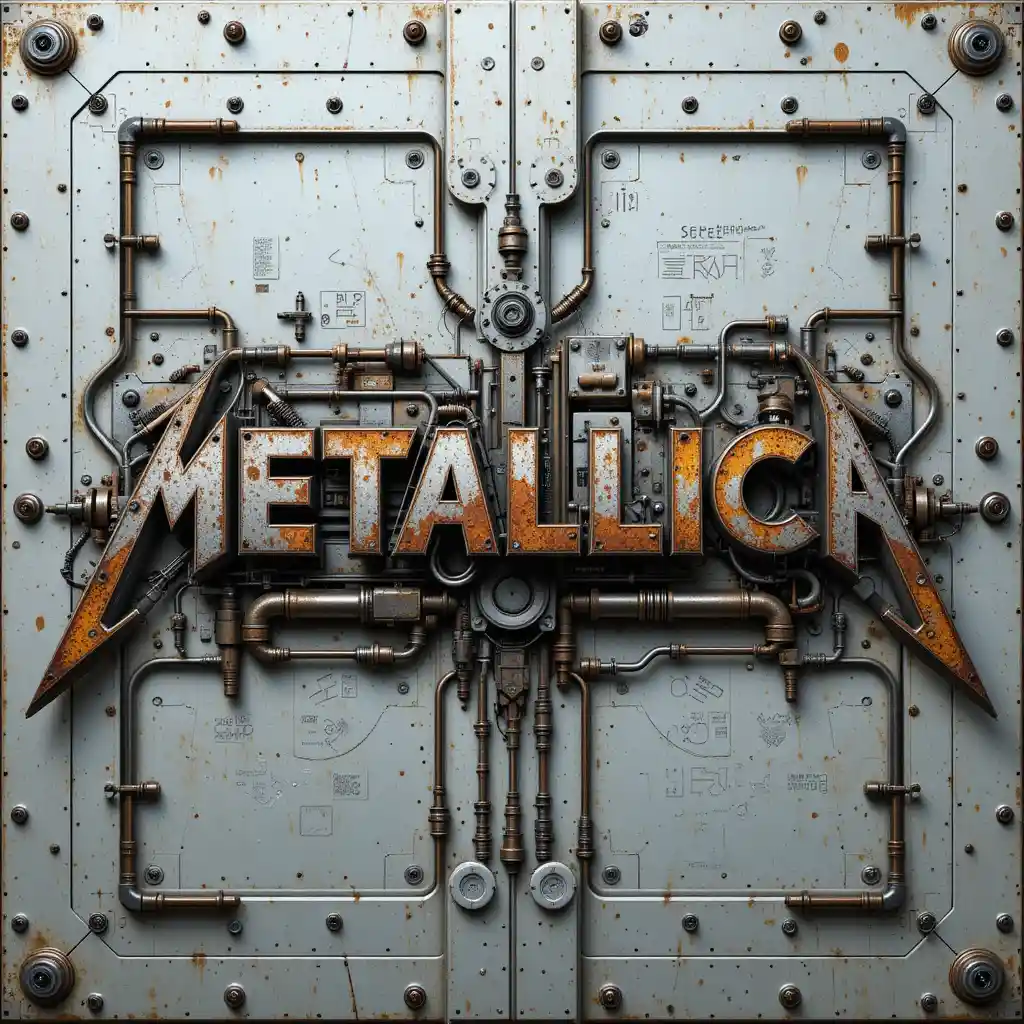 Futuristic metallic typography embedded in industrial machinery