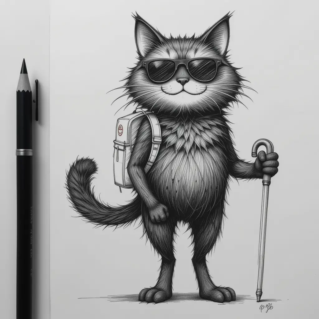 Fluffy anthropomorphic black cat sketch with sunglasses and cane