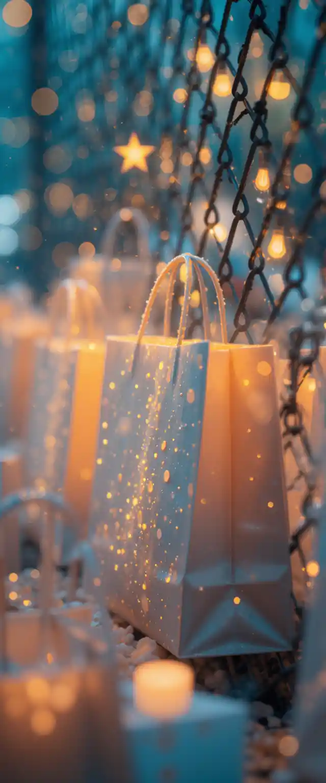 Glowing White Shopping Bags In Dreamy Rainstorm Close Up