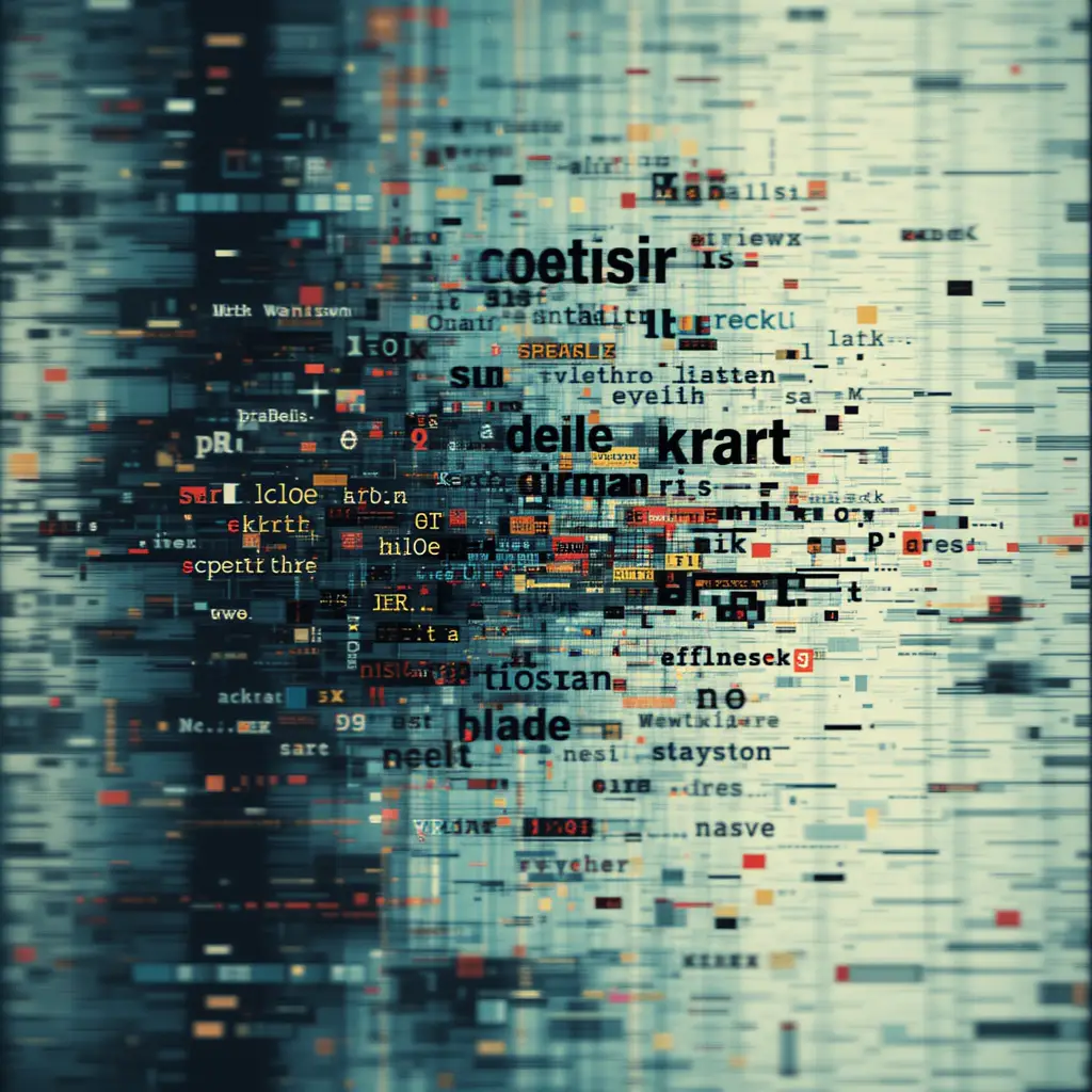 Abstract glitched computer screen with distorted digital text