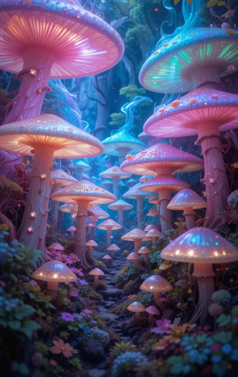 Surreal forest of iridescent mushrooms in pastel dreamscape