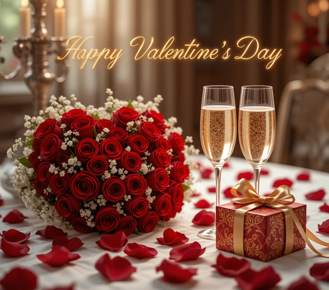 Romantic roses candles and champagne valentines table scene