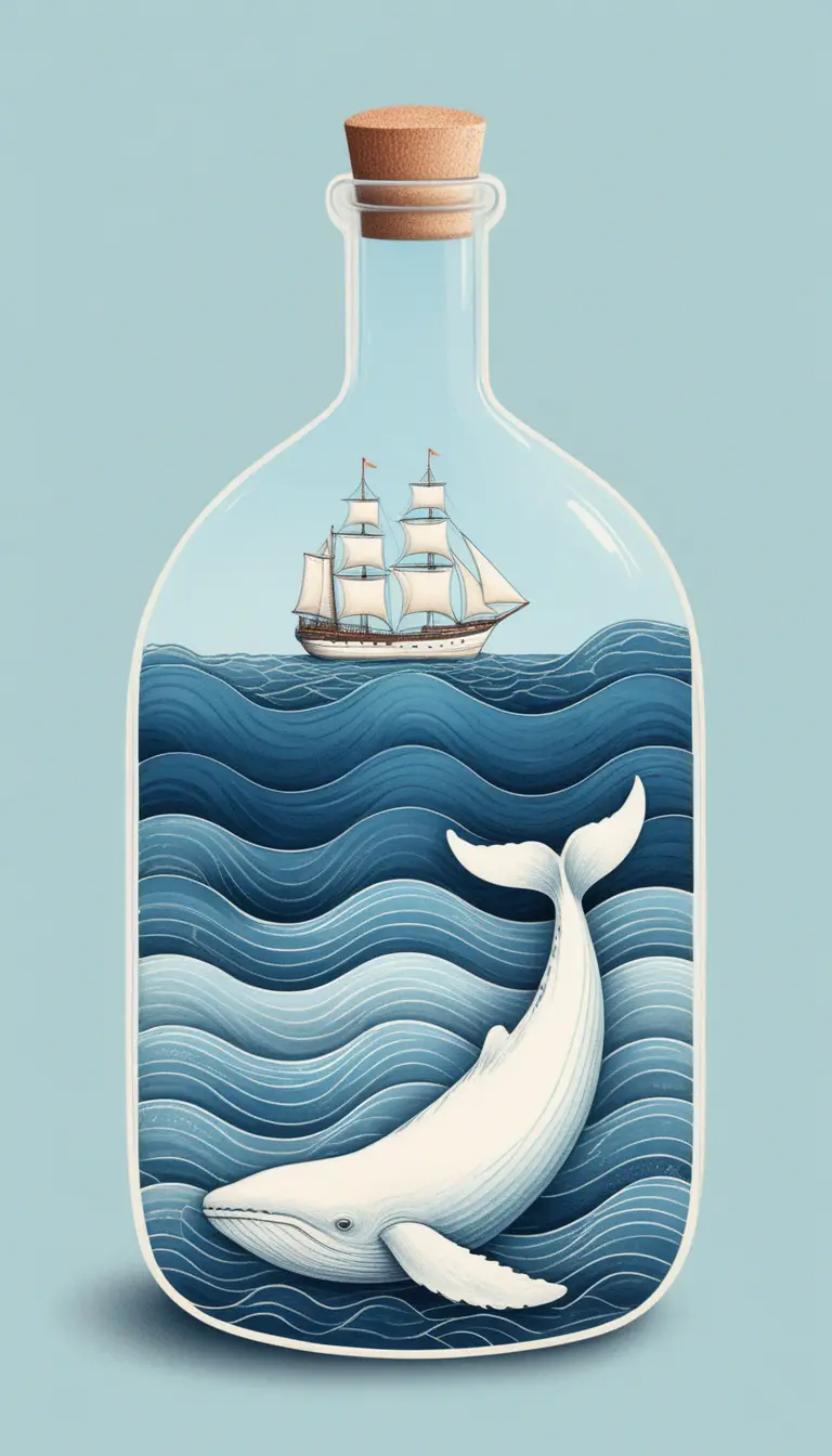 Whimsical minimalist whale and ship in a bottle illustration
