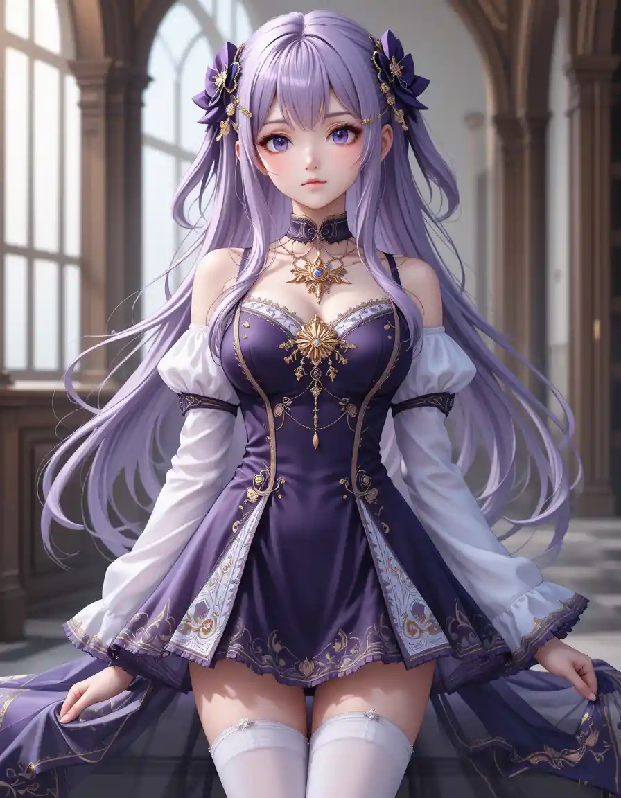 Fantasy anime girl with light purple hair and dress