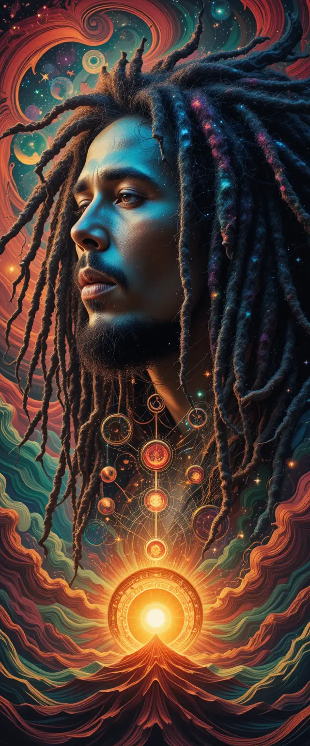 Cosmic reggae portrait in swirling psychedelic galaxies