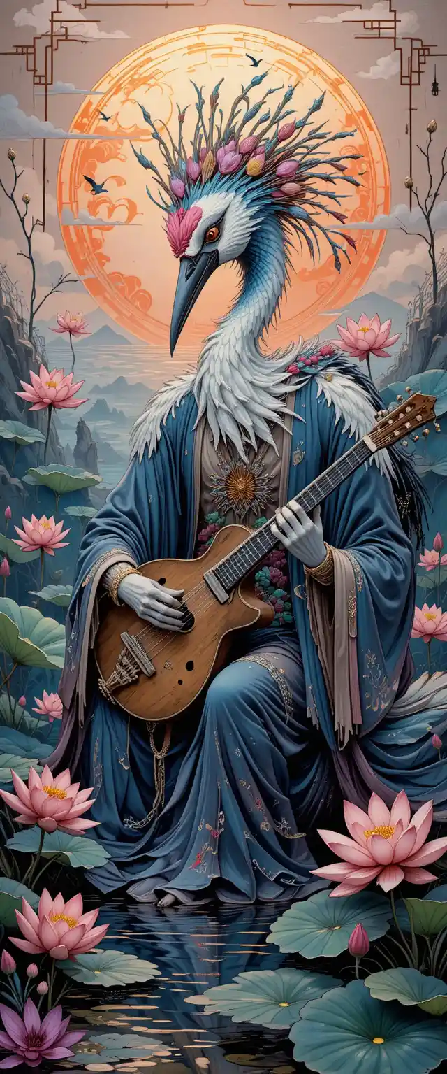 Anthropomorphic crane playing zither by a lotus pond