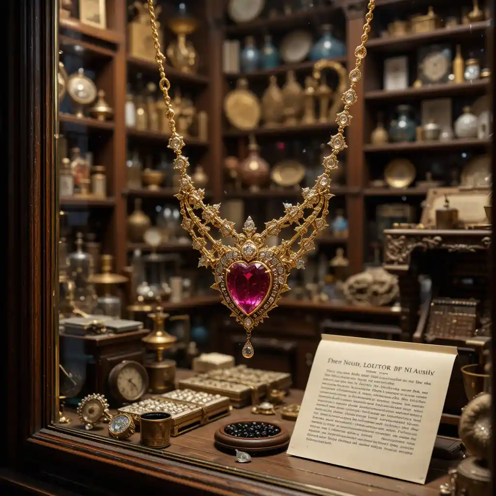 Elegant ruby gold necklace in a cozy antique shop window