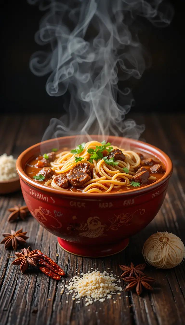 Close up bowl of spicy beef noodle soup on table
