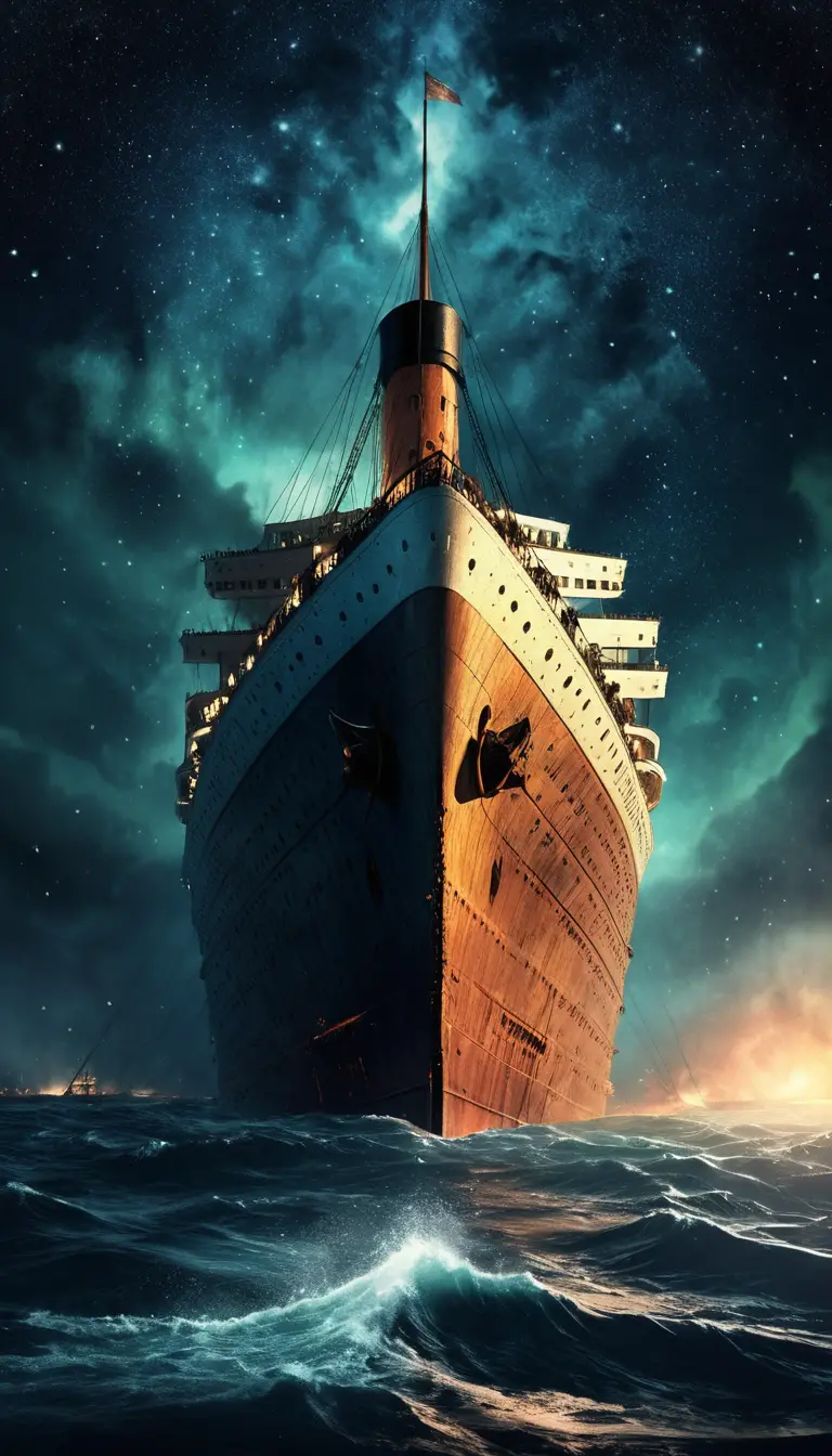 Titanic stern rising above the ocean on a freezing night