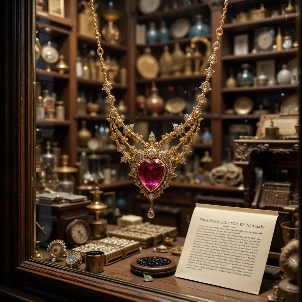 Elegant ruby gold necklace in a cozy antique shop window