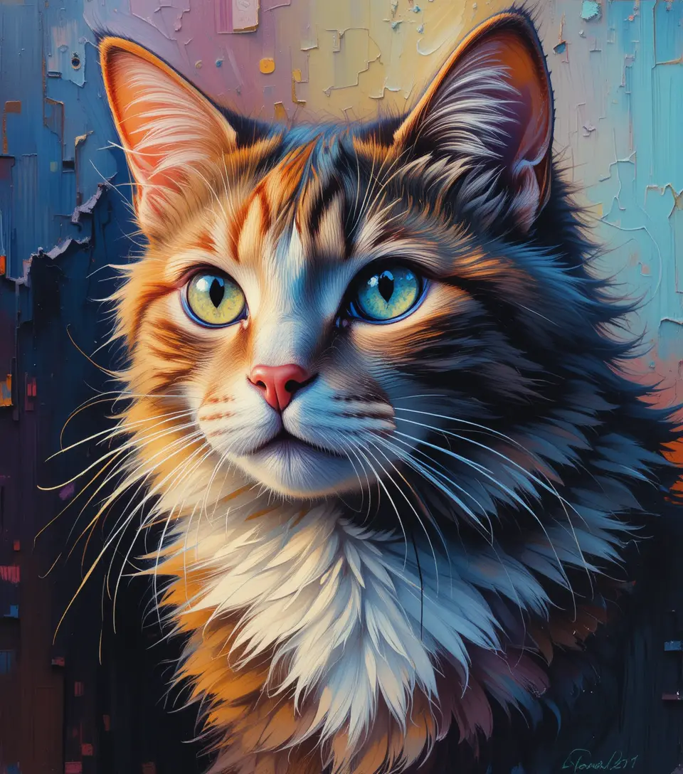 Colorful acrylic painting of a cat with rich depth