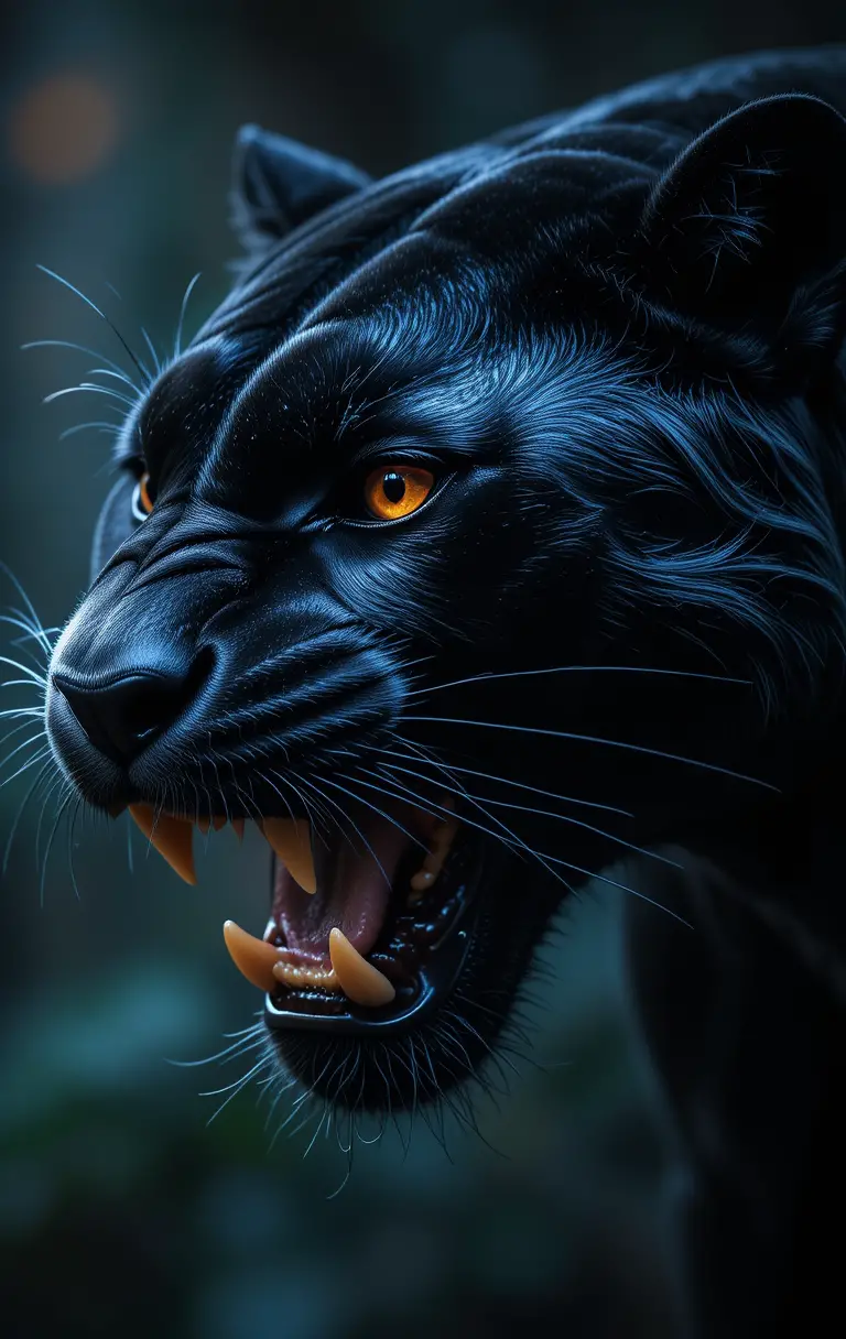 Snarling Black Panther Face In Sharp Close Up View