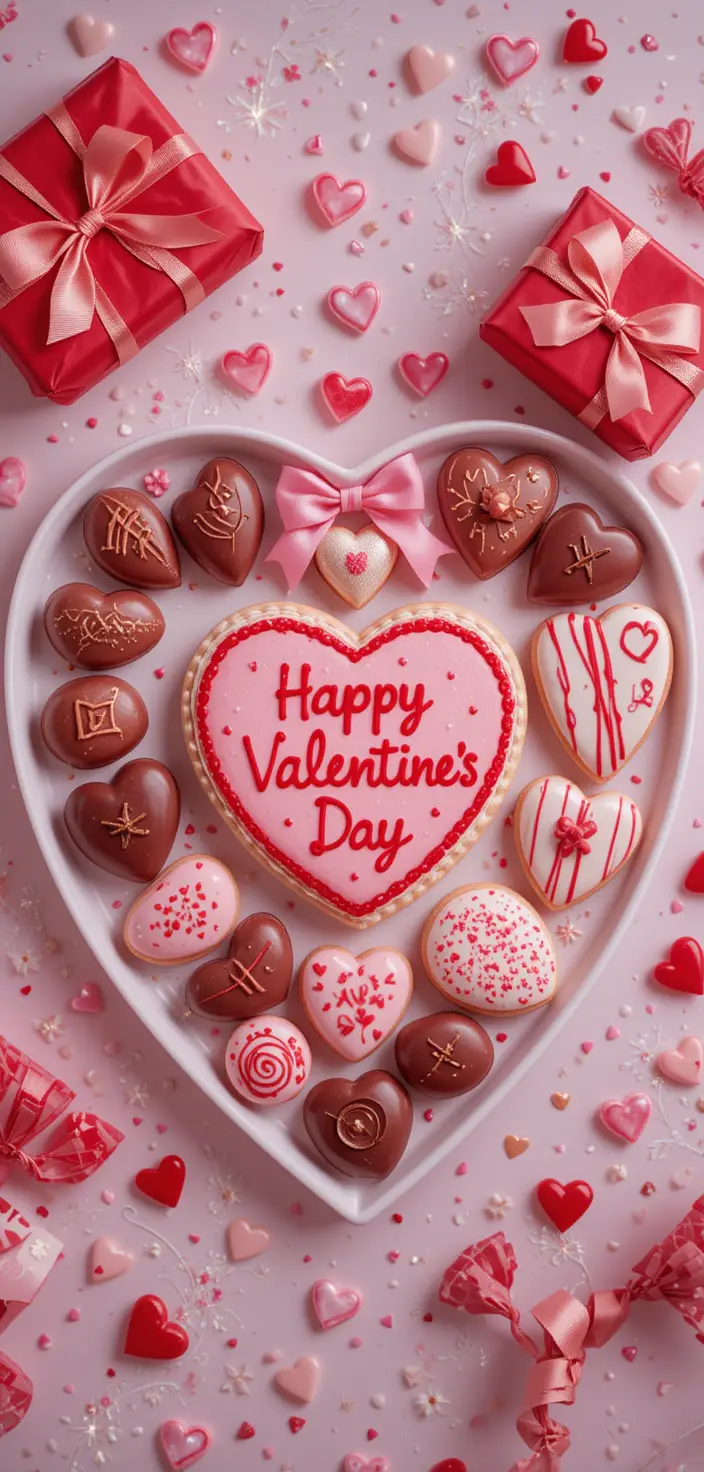Valentine desserts on heart tray in romantic flat lay