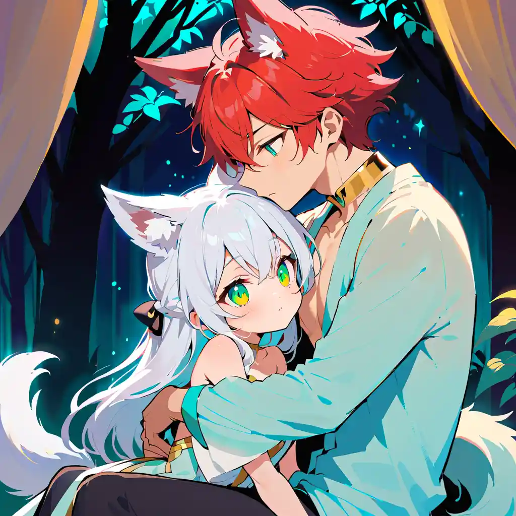 Chica kitsune y hombre lobo besándose en un bosque místico