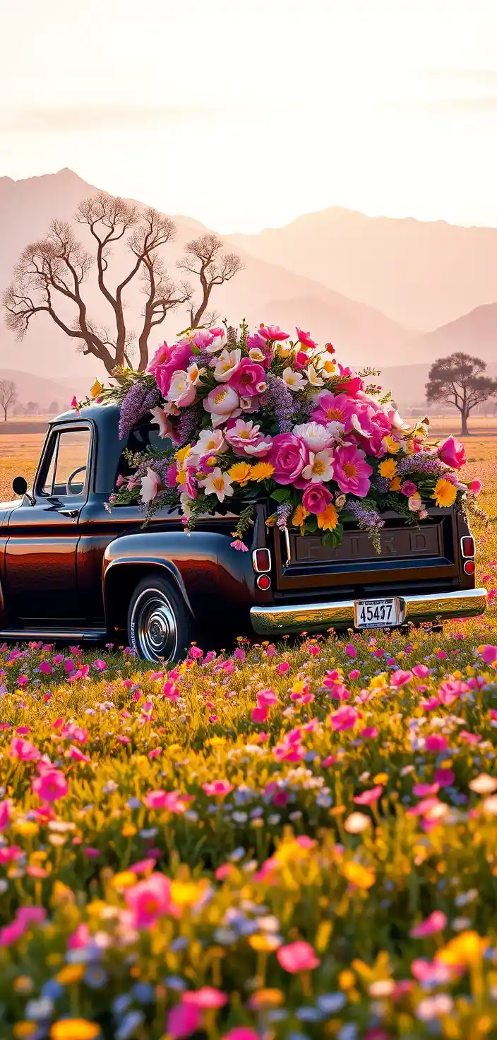 Vintage black pickup truck in a pastel spring flower field