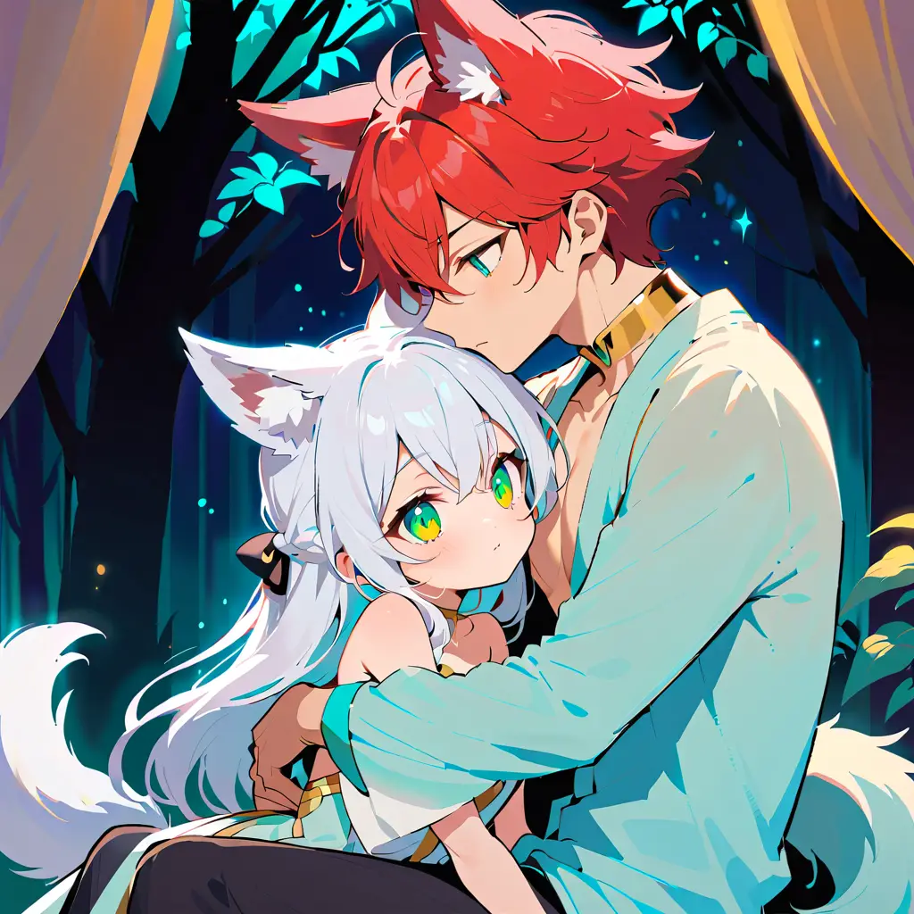 Chica kitsune y hombre lobo besándose en un bosque místico