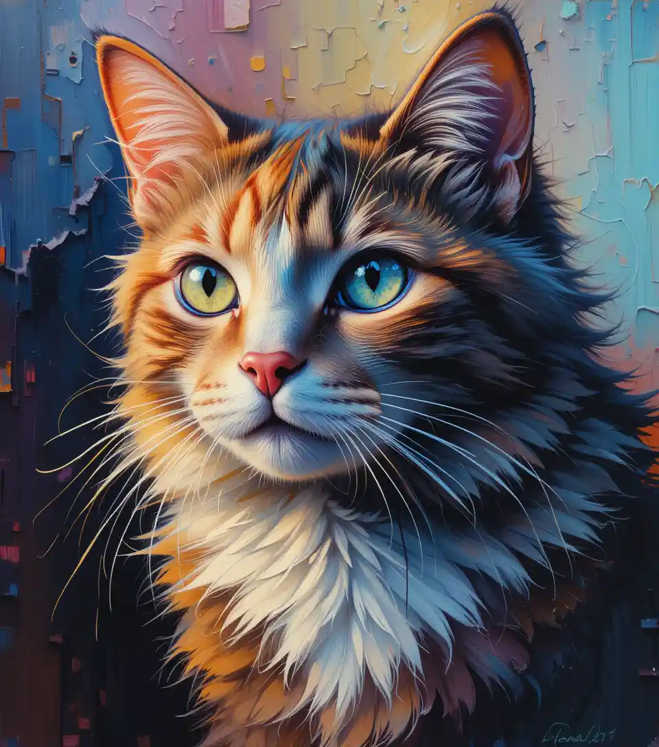 Colorful acrylic painting of a cat with rich depth