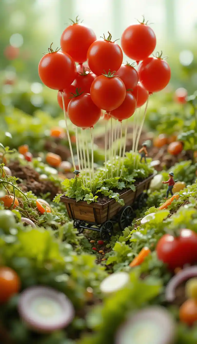 Miniature gardeners walking across a vibrant salad landscape