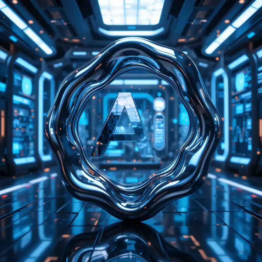 Liquid metal corporate logo in futuristic control room