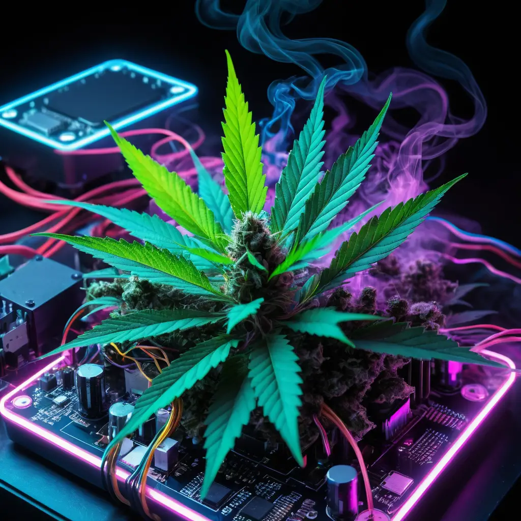 Cyberpunk Cannabis Wired Into Neon Electronic Circuits