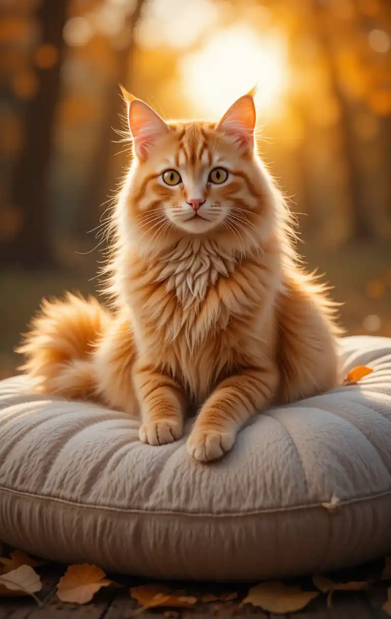 Elegante gatto arancione che riposa su un morbido cuscino color crema