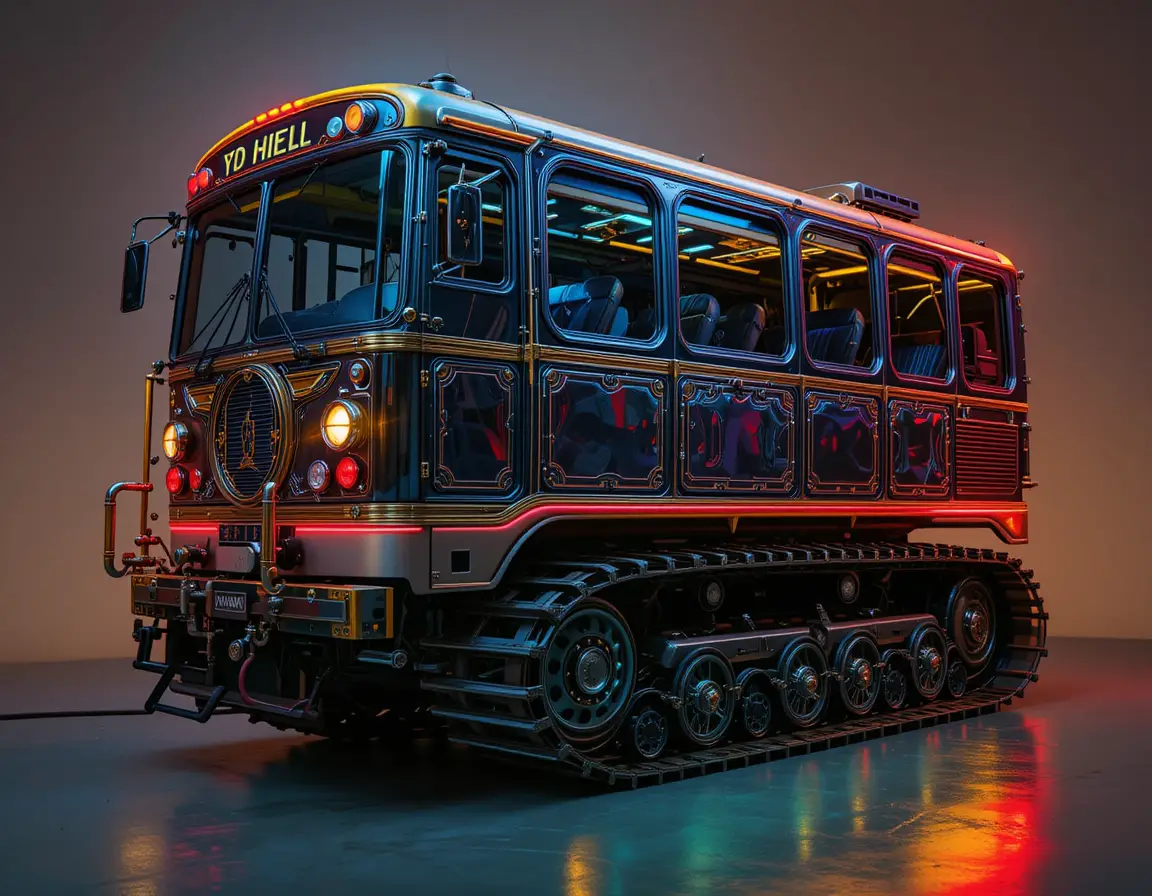 Futuristic bus cab with black caterpillar track design