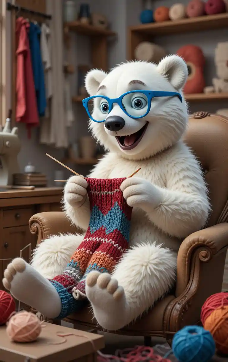 Happy Polar Bear Knitting Colorful Socks In An Armchair