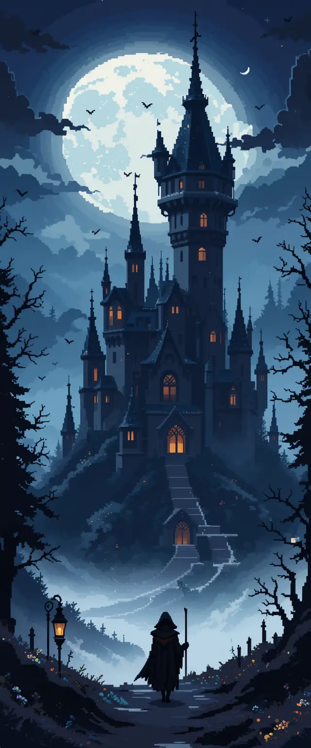 Pixel art grim reaper walking toward gothic castle