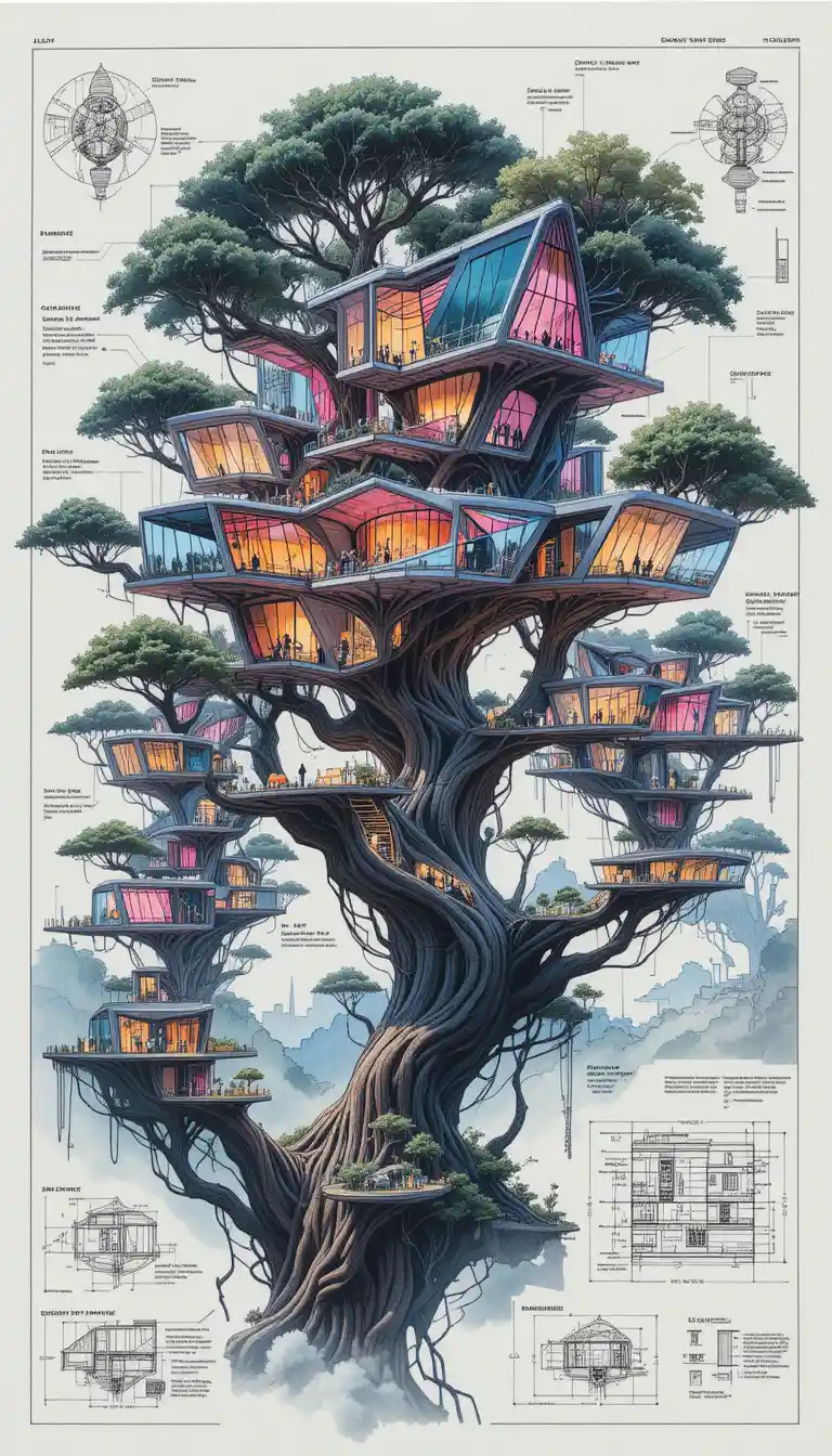 Futuristic Treehouse Architectural Illustration In Neon Forest