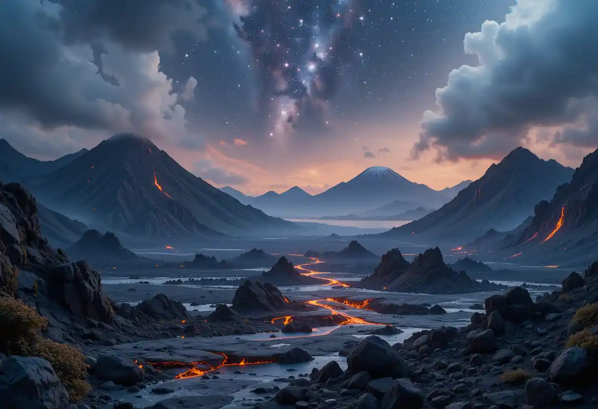 Dramatic Volcanic Mountains With Lava Sea Under Starry Sky