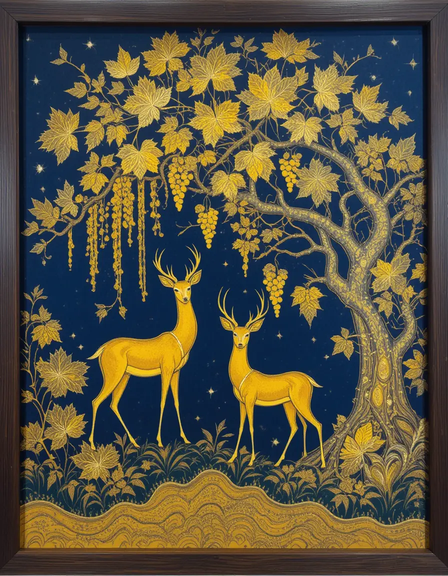 Golden deer beneath a stylized batik forest canopy