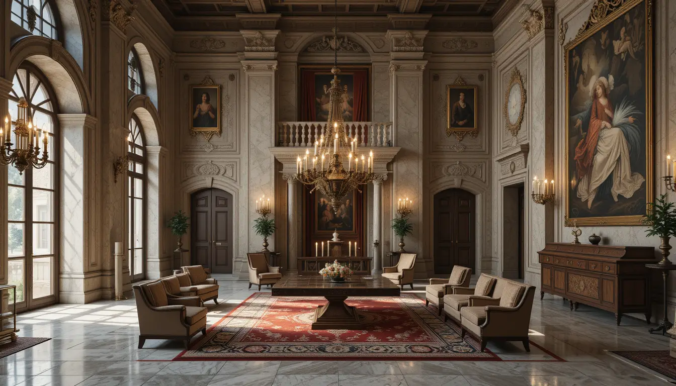 Grand stone reception hall lit by warm candlelight
