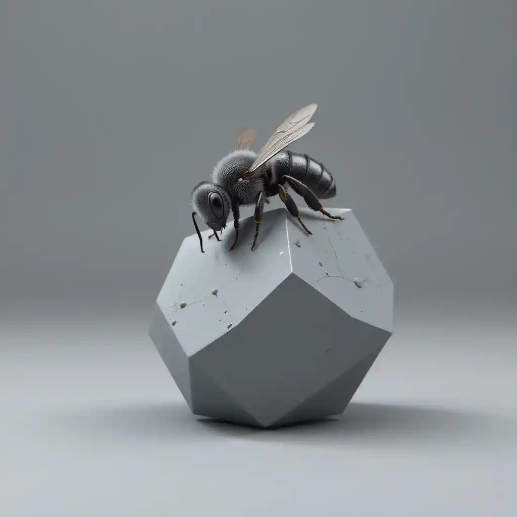 Realistic bee landing on smooth gray geometric polygon