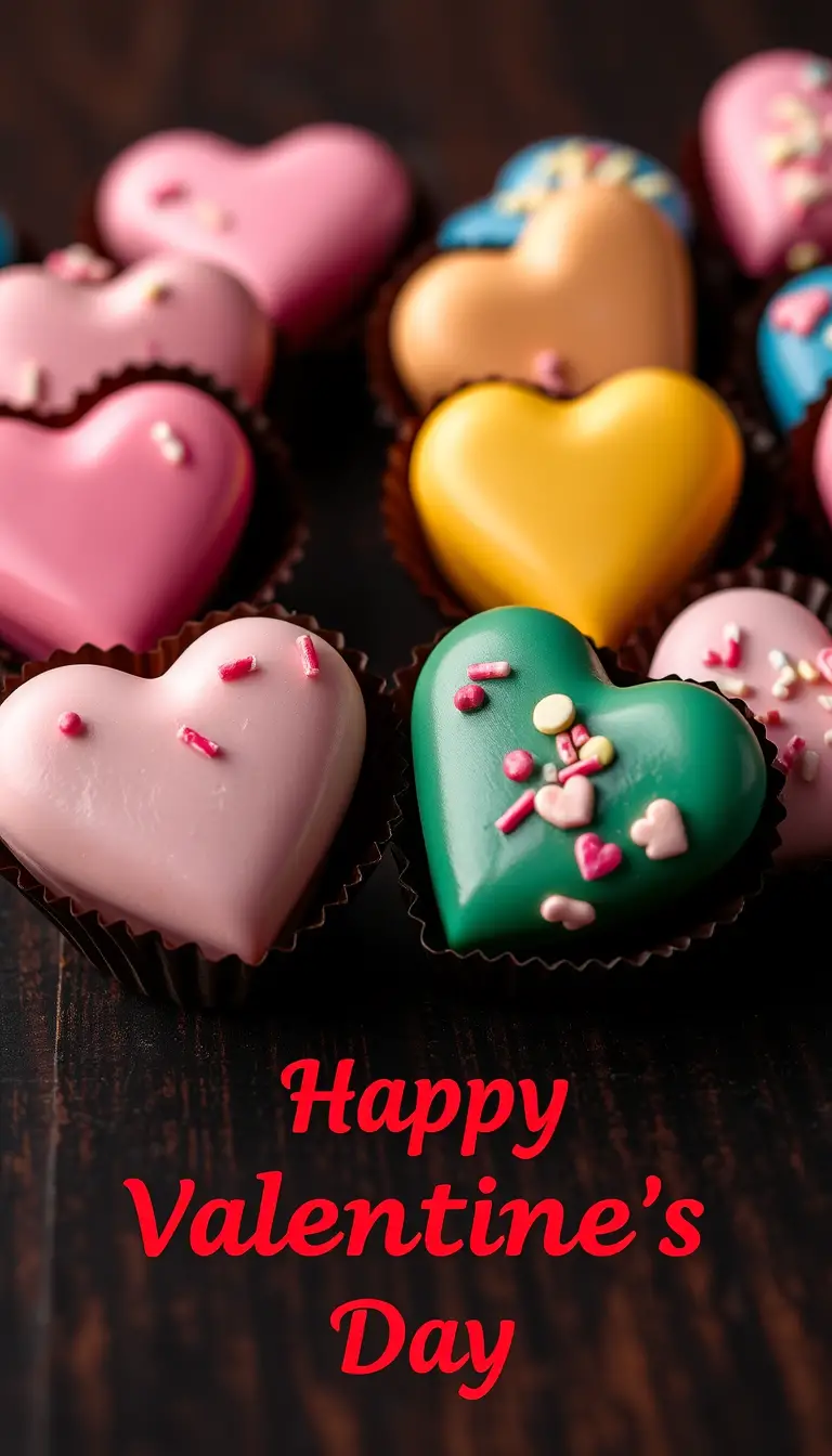 Heart shaped pastel chocolates on rustic wooden table