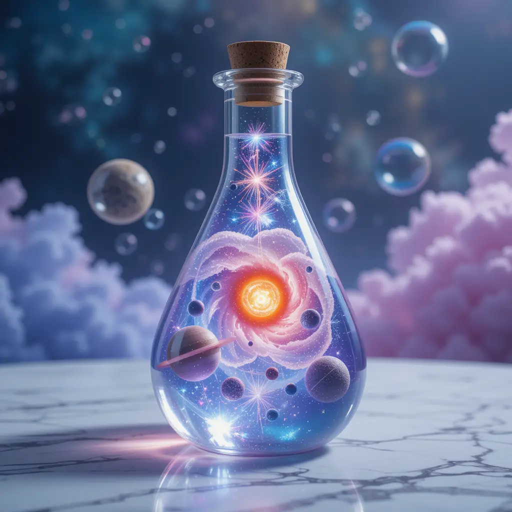 Photorealistic flask bottle with miniature solar system inside
