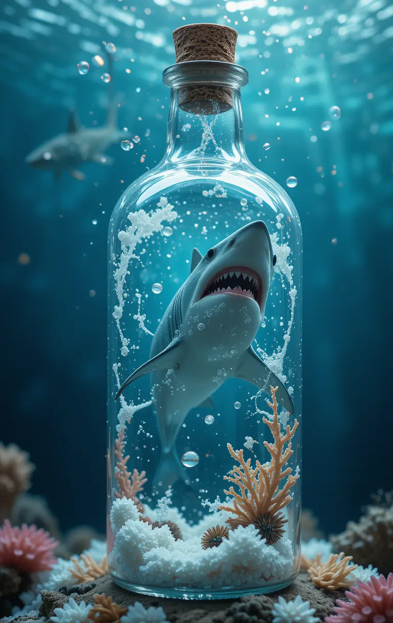 Great white shark in a glass bottle with coral and foam