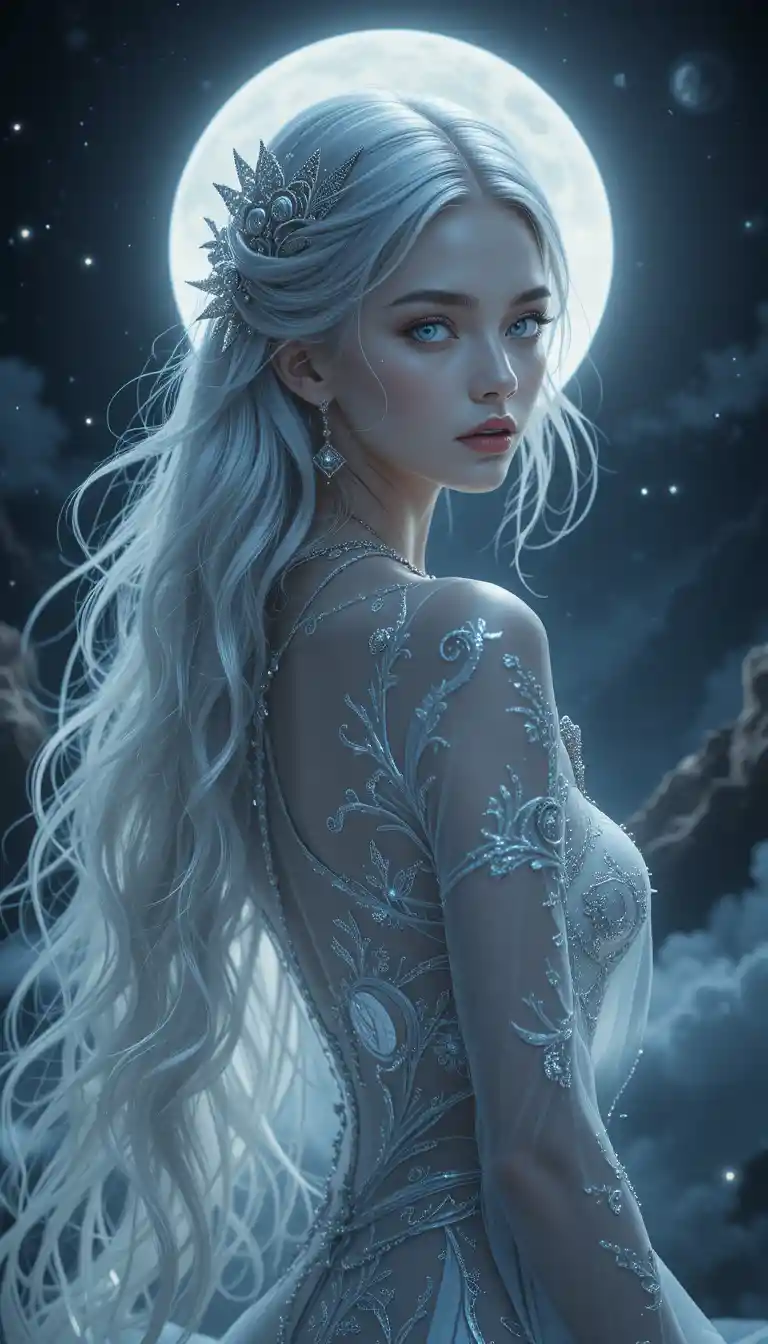 Mystical lunar goddess with flowing silver moonlit hair