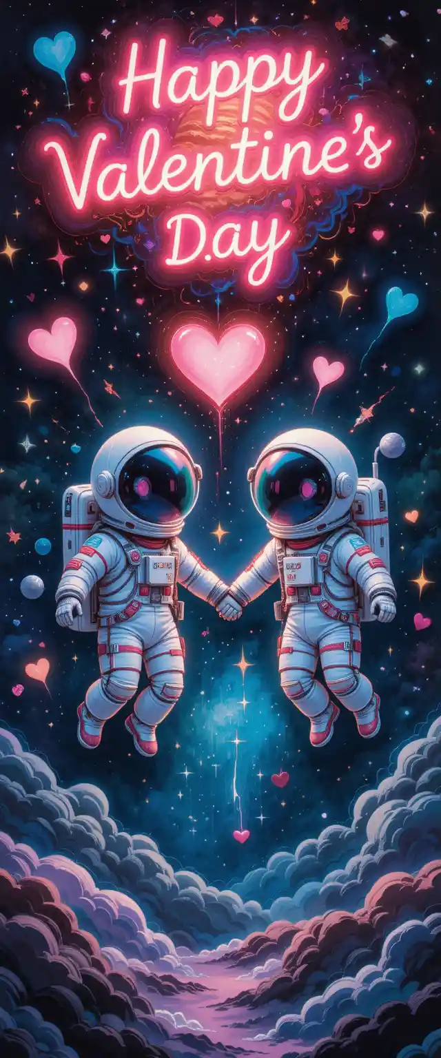 Astronaut couple holding hands in neon space illustration