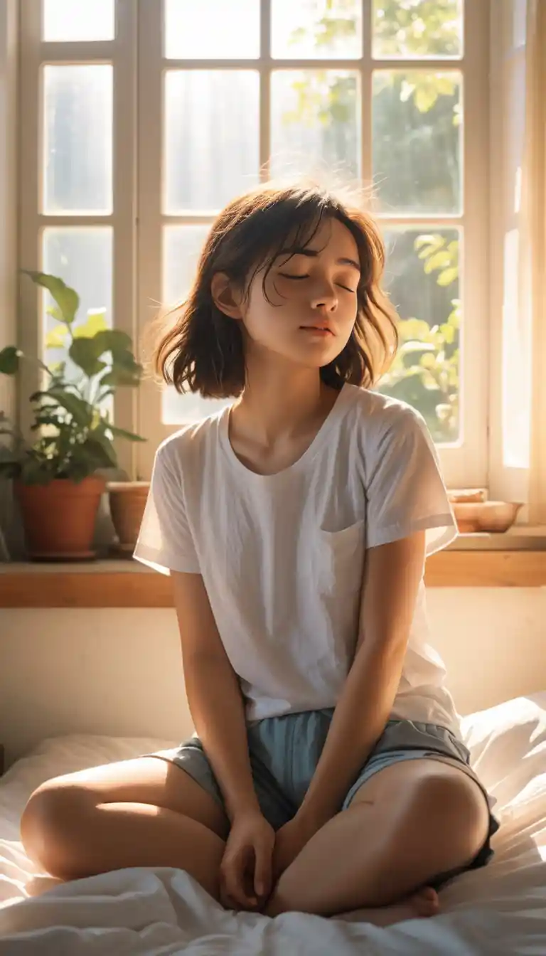 Sleeping girl on messy bed in warm sunlight