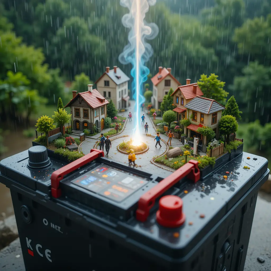 Miniature City On A Car Battery In The Rain