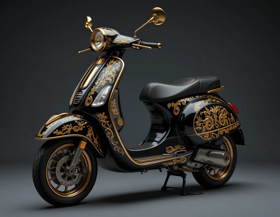 Luxury black and gold custom vespa scooter close up