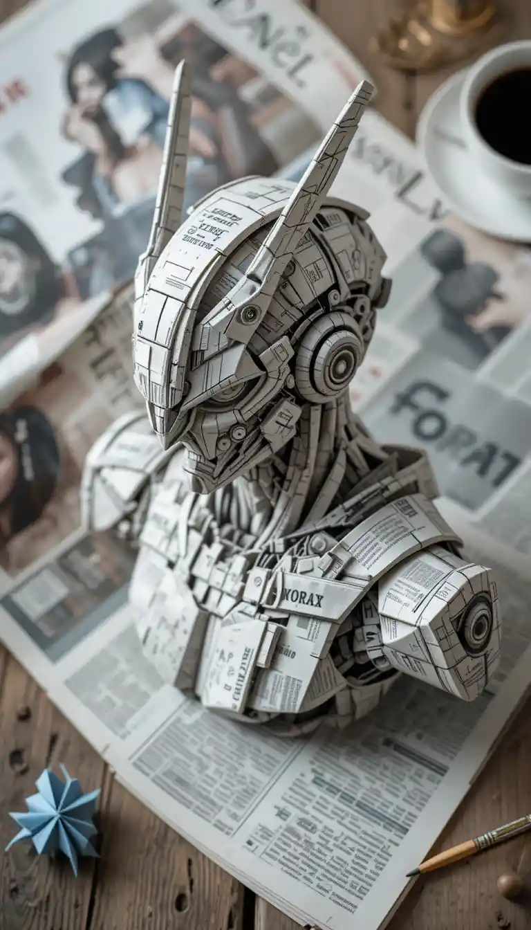 Intricate origami mecha sculpture in macro view