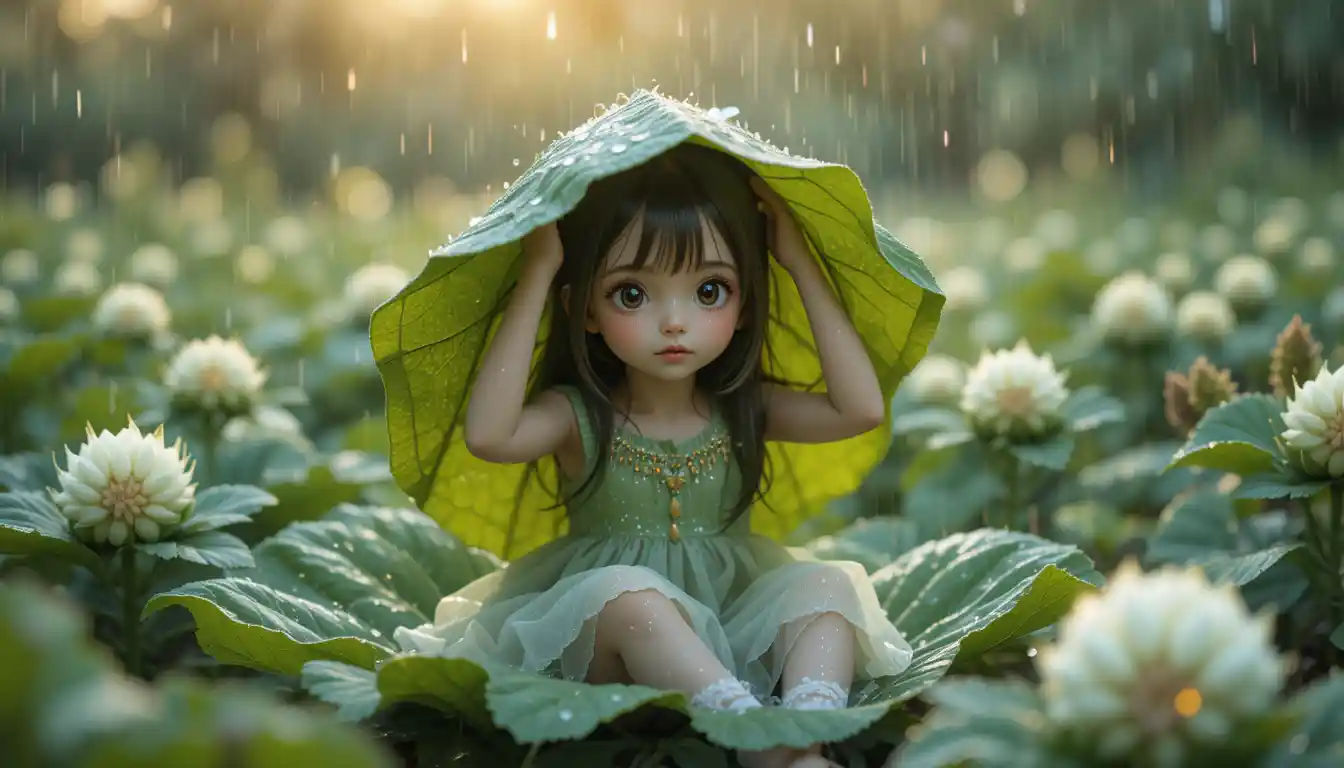 Little girl on cabbage leaf in magical rainy garden