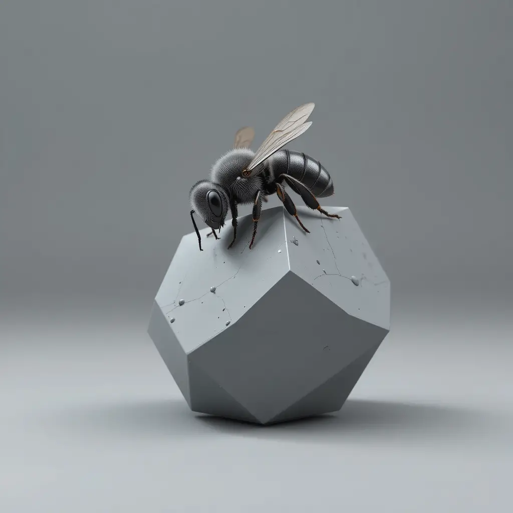 Realistic bee landing on smooth gray geometric polygon