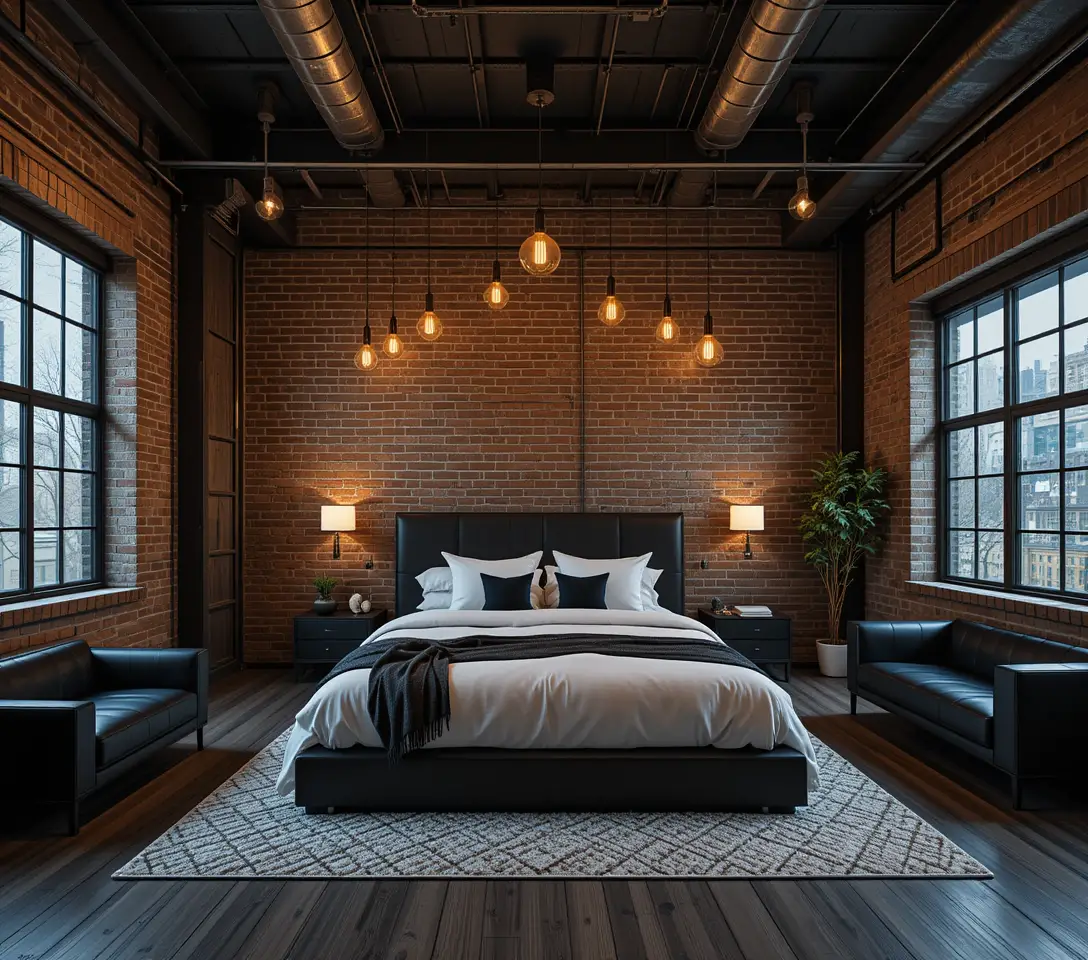 Cozy industrial bedroom with large bed and warm lighting