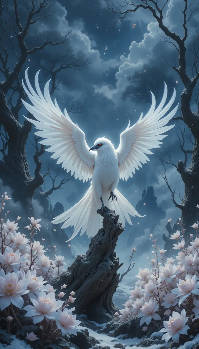 White spirit raven in a dreamlike winter landscape