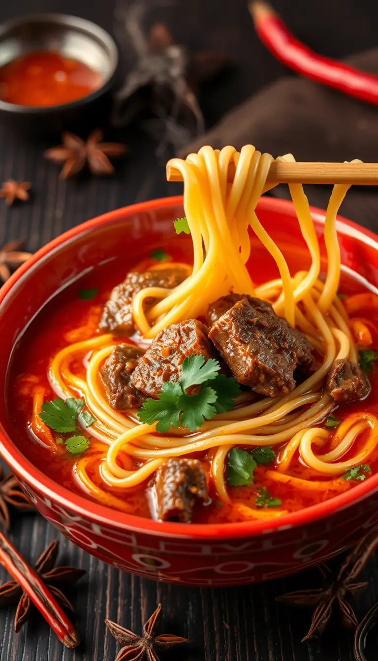 Close up bowl of spicy beef noodle soup on table