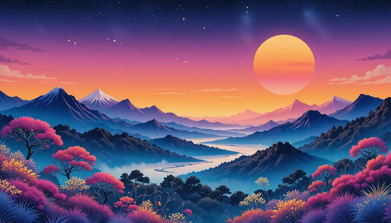 Vibrant Ukiyo e Inspired Neon Watercolor Mountain Landscape